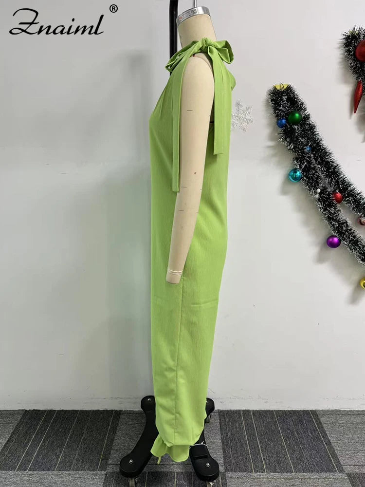 Znaiml Casual Lace-up Bandage Jumpsuit Green Loose Wide Leg Jogger Pants Women V-Neck Sleeveless New In One Pieces Rompers 2025