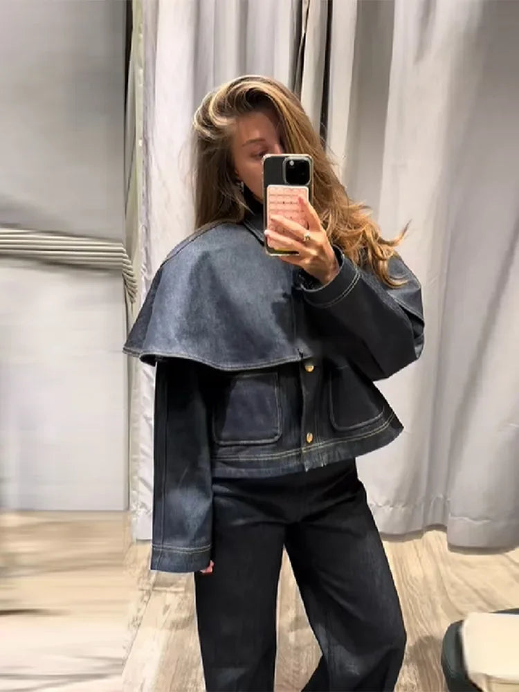 Chic Vintage Cape Denim Jackets For Women Lapel Single Breasted Pocket Jean Coat Pocket Casual Outwear 2025 Autumn Winter Coats