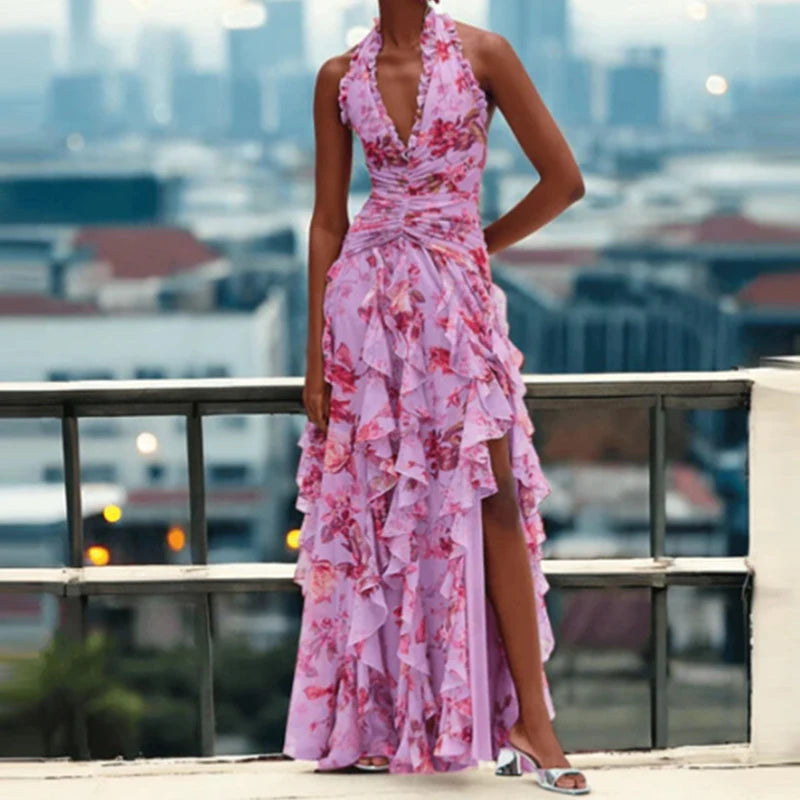 Lady Sexy Halter Floral Print Long Dress 2025 Summer Ruffles Hollow Out Slim Party Dress Fashion Sleeveless High Waist Dresses