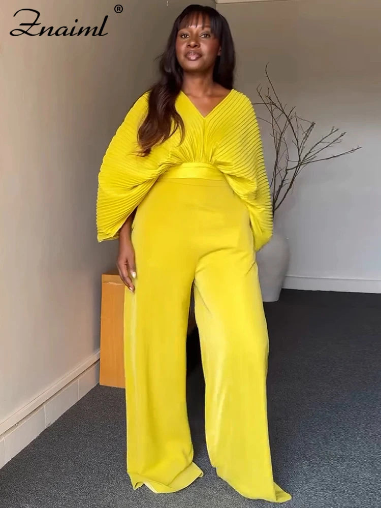 Znaiml Pleated Blouse V Neck Full Sleeve and Wide Leg Pants Women Loose 2 Pieces Sets Elegant Office Ladies African Outfits 2025
