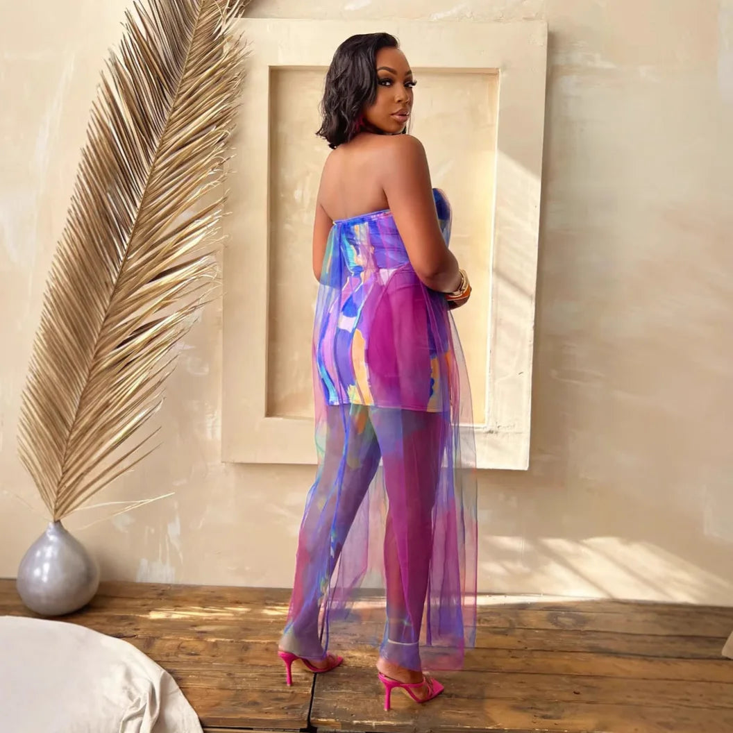 CM.YAYA Women Sleeveless Tie Dye Print Strapless Mesh Bodycon Midi Long Maxi Dress 2025 Birthday Club Party Vestido Sexy Dresses