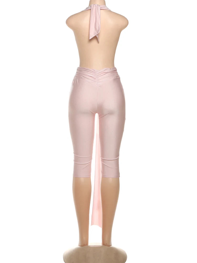 Weird Puss Patchwork Halter Romper Women Ribbon Sleeveless Elastic Backless Workout Activewear Midnight Activity Slim Playsuits