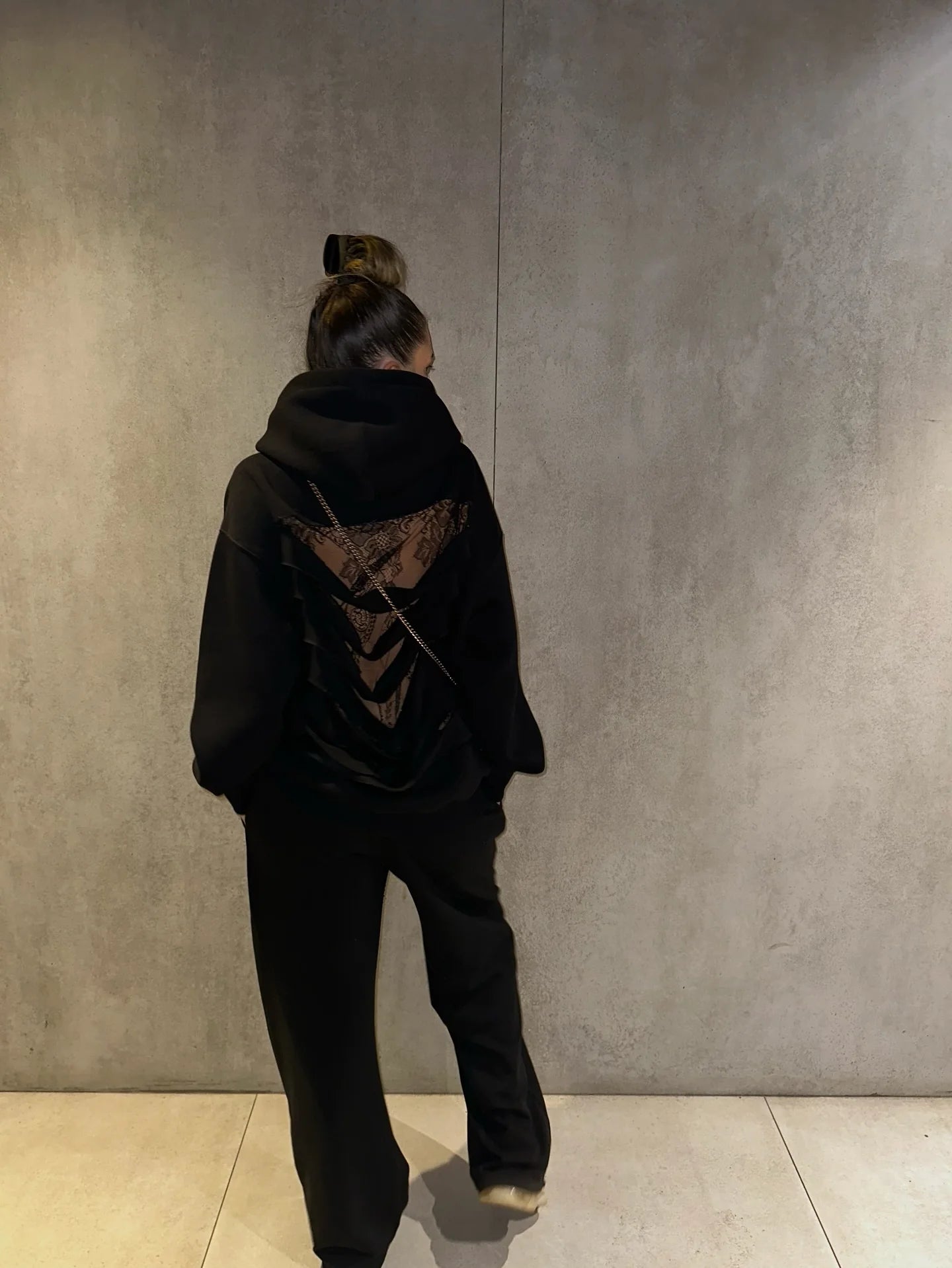 American Y2K Harajuku Gothic Lace Back Hollow Hoodie Womens Black Loose Pullover Hoodie Fashion Translucent Jacket