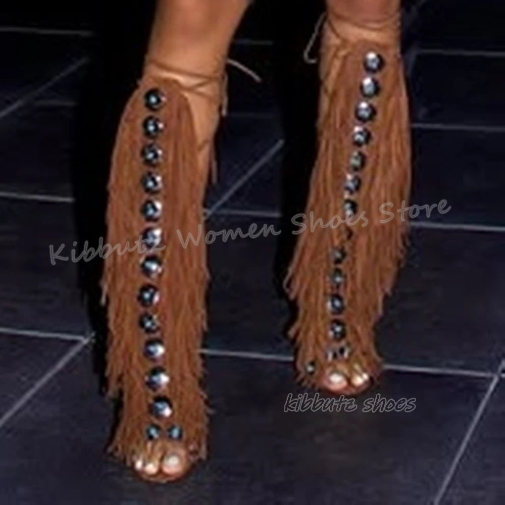 Suede Tassels Sandals Knee High Boots Crystal Glossy Solid Color Cross Strap Fashion Luxury Elegant Concise Women Shoes Newest