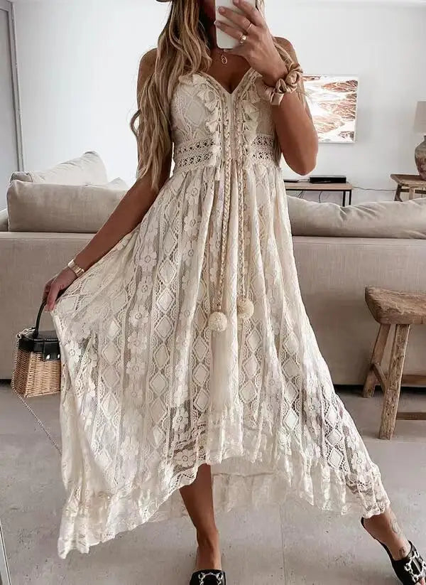 Summer Women Lace Strapless Flared Maxi Dress Solid White Long Dress Sleeveless V Neck Flowy Ruffle Bohemian Dresses