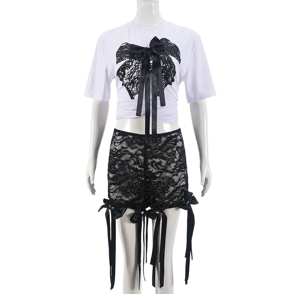 CM.YAYA Women's Set Bow O-Neck short sleeve Tops and lace Shorts Suits Streetwear Casual Two 2 Piece Outfits Tracksuits Summer