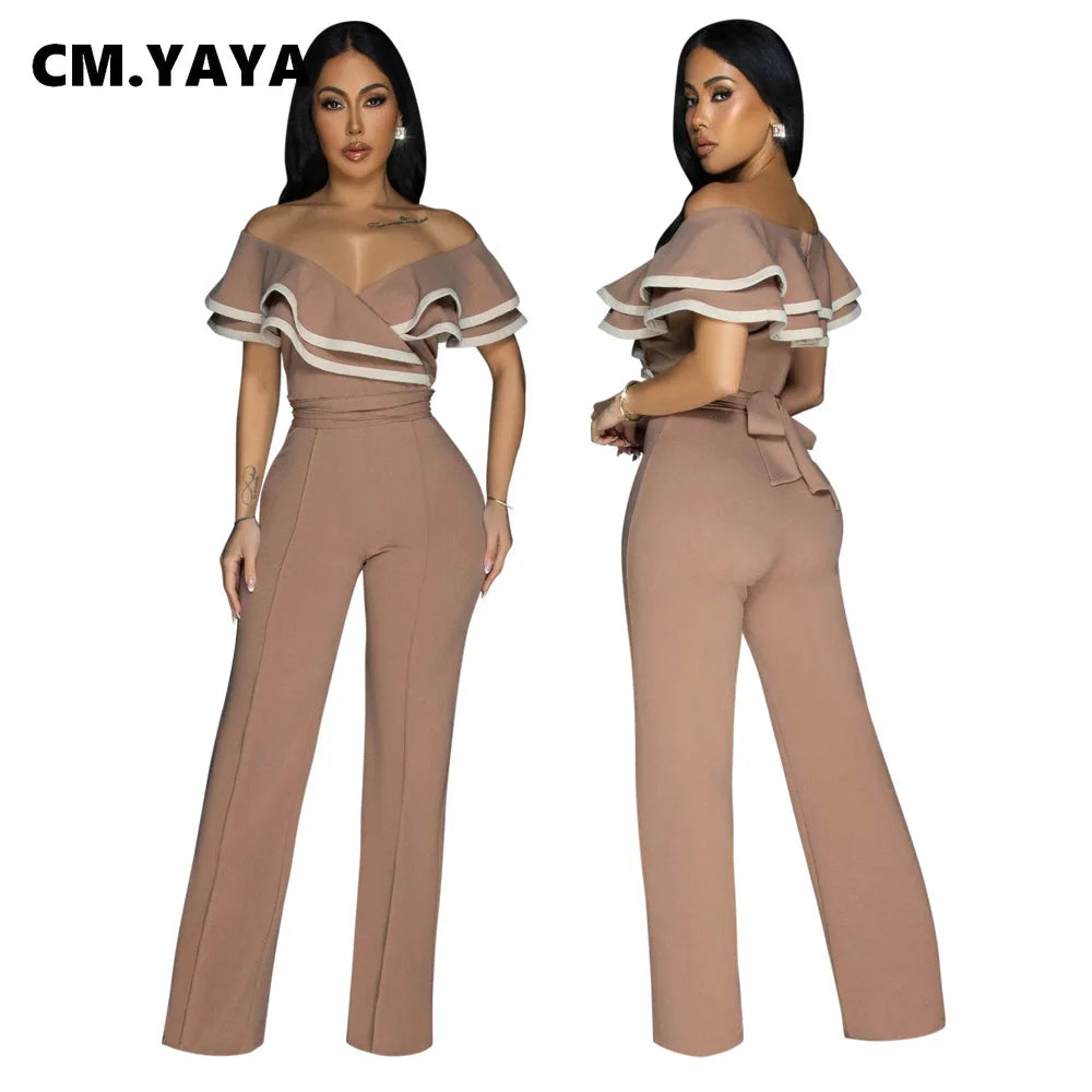 CM.YAYA Women V-neck Off Shoulder Ruffles Wide Leg Jumpsuits 2024 Summer Fashion Sexy Party Playsuit One Piece Suit Rompers
