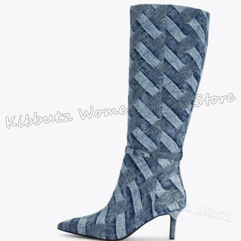 Gingham Knee High Boots Pointy Thin Heels Slip-On Belt Buckle Novelty Fashion Luxury Sexy Elegant Women Shoes Newest Mixed Color
