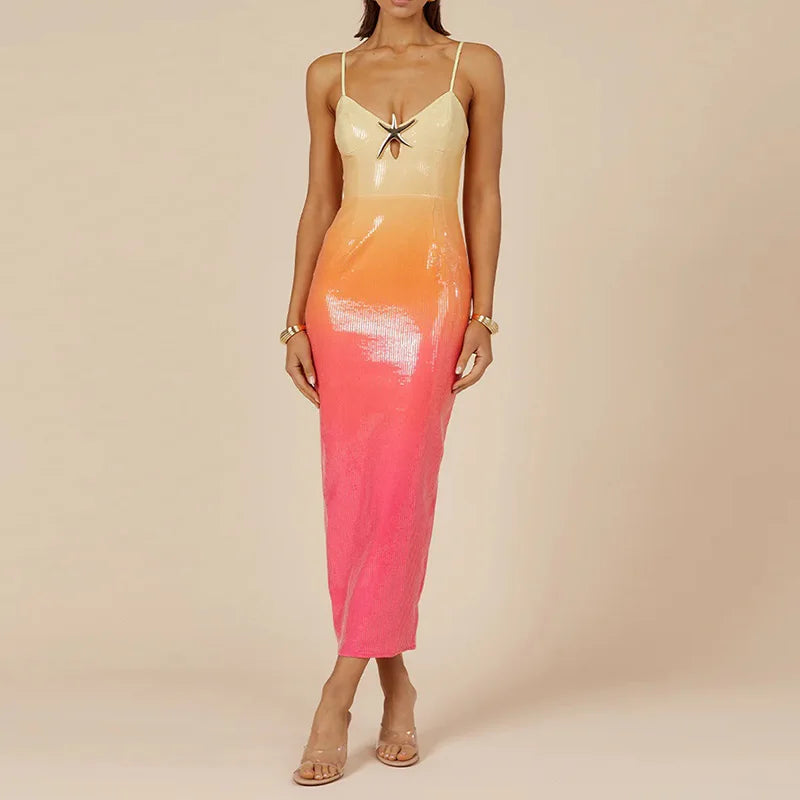 Sequined Patchwork Sleeveless Pencil Dress, Women Summer Gradient V Neck Fashion Party Dress, 2024 Backless Simple Ladies Dress