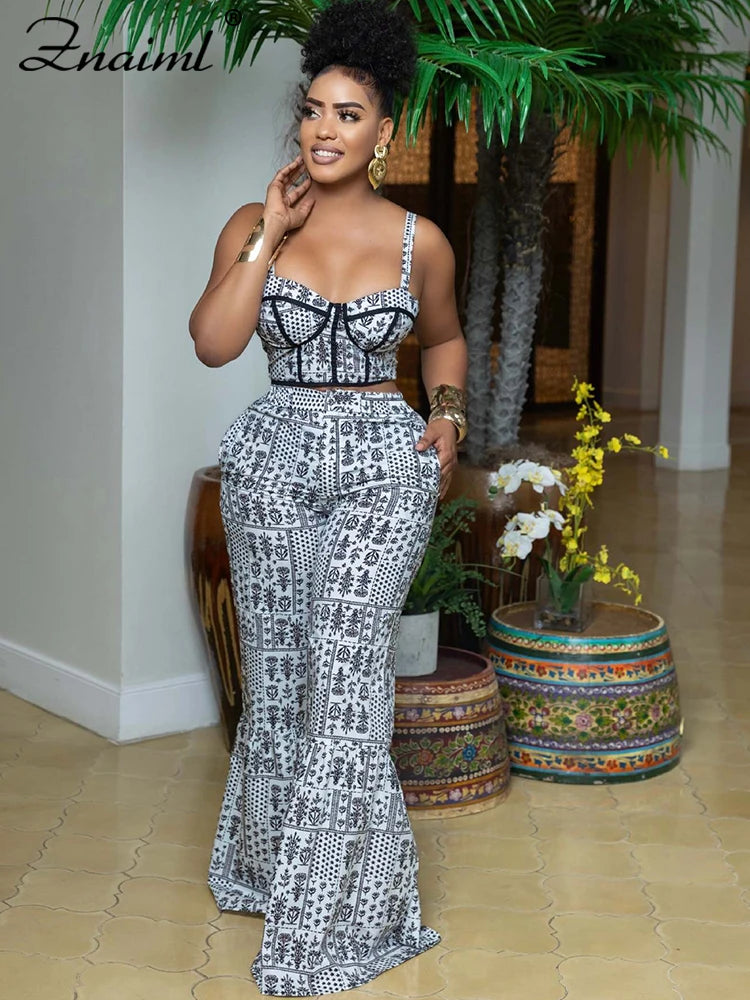 Znaiml Sexy Spaghetti Strap Backless Crop Top and Flare Pants 2 Pieces Set Woman Fashion Black White Print African Outfits 2025