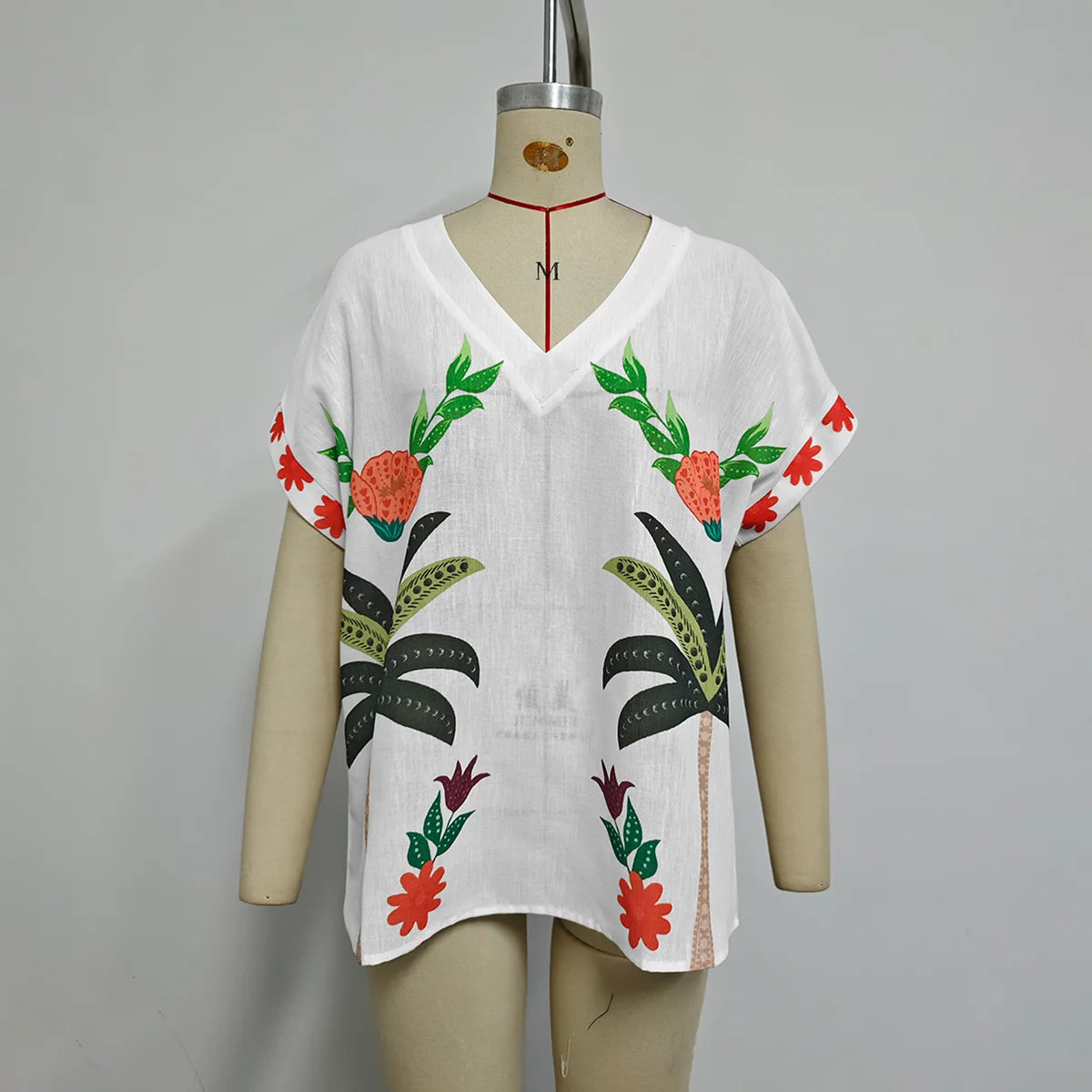 Beautyblue Cotton Linen Bohemian White Blouse Vacation Clothes New Casual Loose Raglan Sleeve V-Neck Printed T-shirts for Women