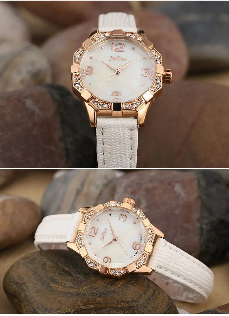 Small Rhinestones Julius Lady Women's Watch Mother-of-pearl Japan Quartz Fashion Hours Bracelet Leather Girl's Gift No Box