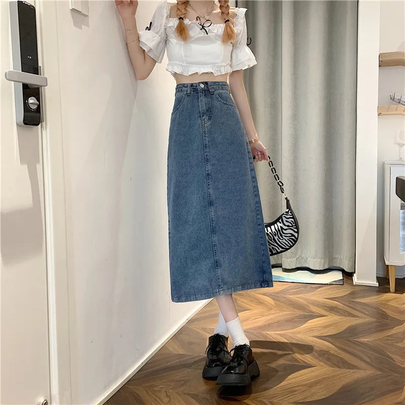 New 2022 Spring-Autumn Medium-Length Denim Skirt For Women High-Waisted Slimming Plus Size Curvy Girls A- Line Hip Covering Skir