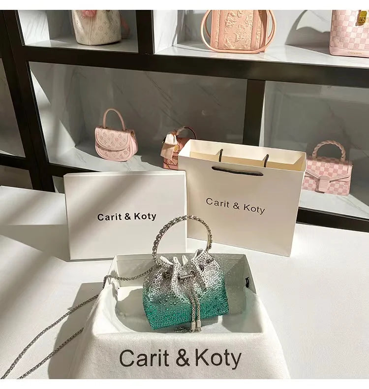 Crystal Shiny Diamonds Bucket Bag Fashion Women Handbag Metal Ring Handle Evening Bag Wedding Party Clutch Purse Crossbody Bag