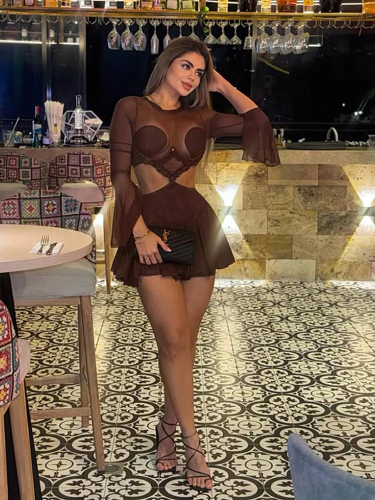 Nibber Waistless Patchwork Mesh Dress Woman o-Neck Full Sleeve Ruffle Hollow Design Midnight Club Party Sexy Fashion Bodycon