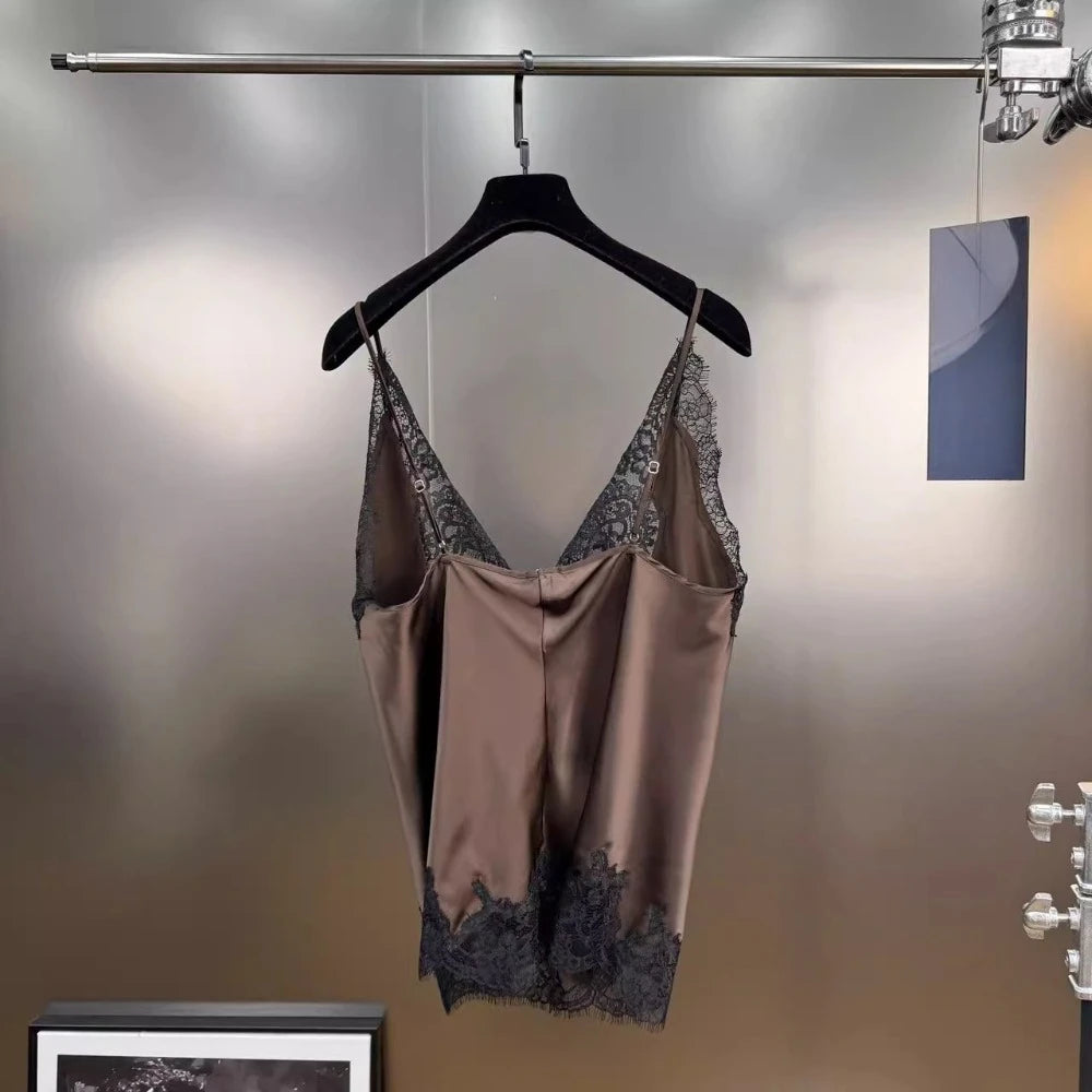 VGH Sexy Loose Patchowrk Lace Vest for Women V Neck Sleeveless Backless Temperament Home Style Tank Top Female Summer Clothing