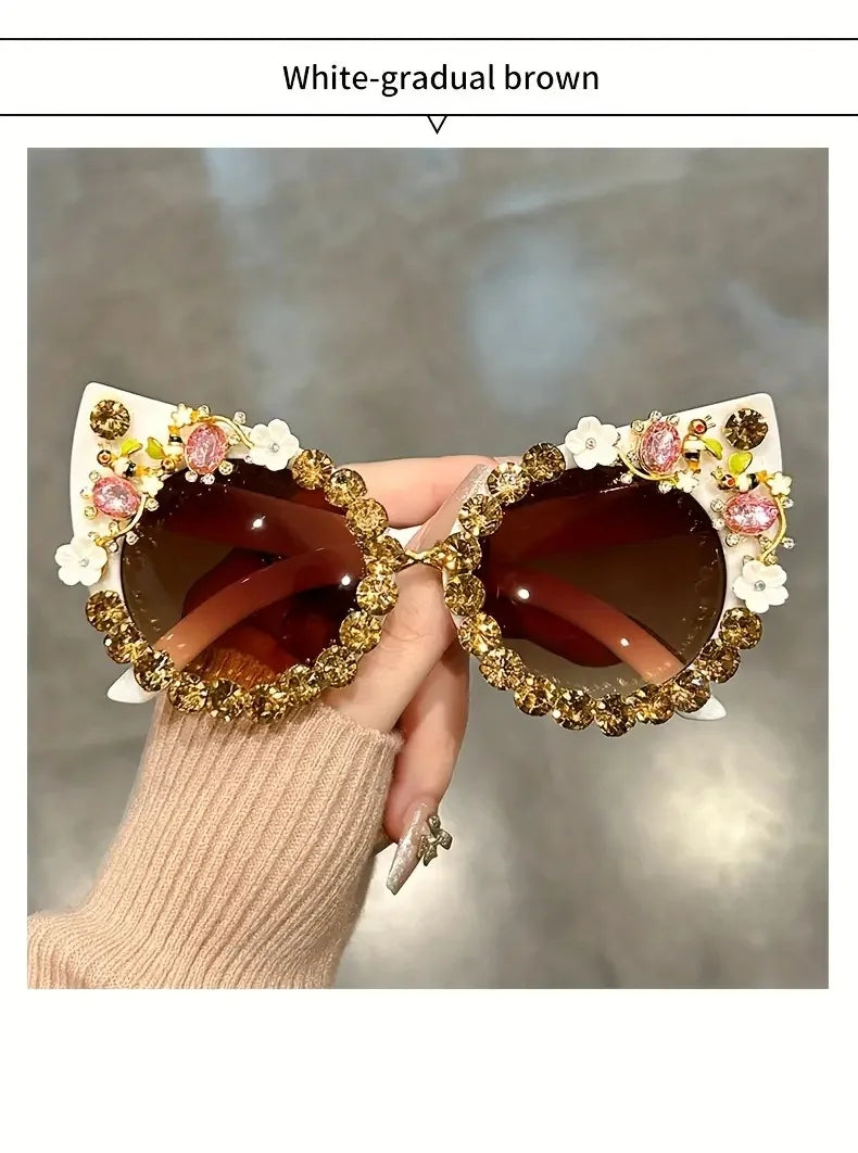 Luxury Rhinestone Flower Sunglasses Cat Eye Gradient Decorative Shades Props For Costume Party Prom