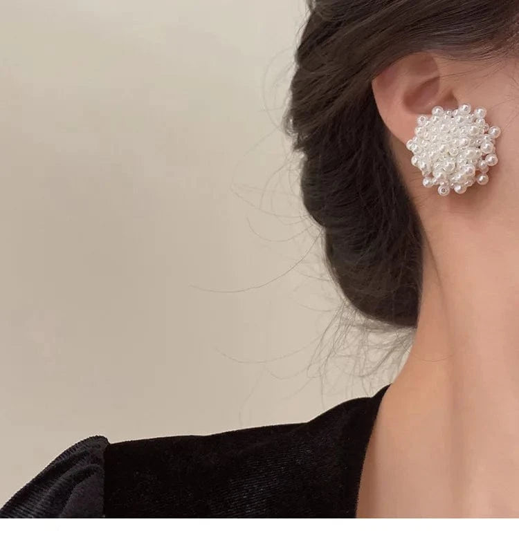 Exquisite Pearl Braided Flower Earrings for Women French Exaggerated Round Brincos Wedding Party Jewelry