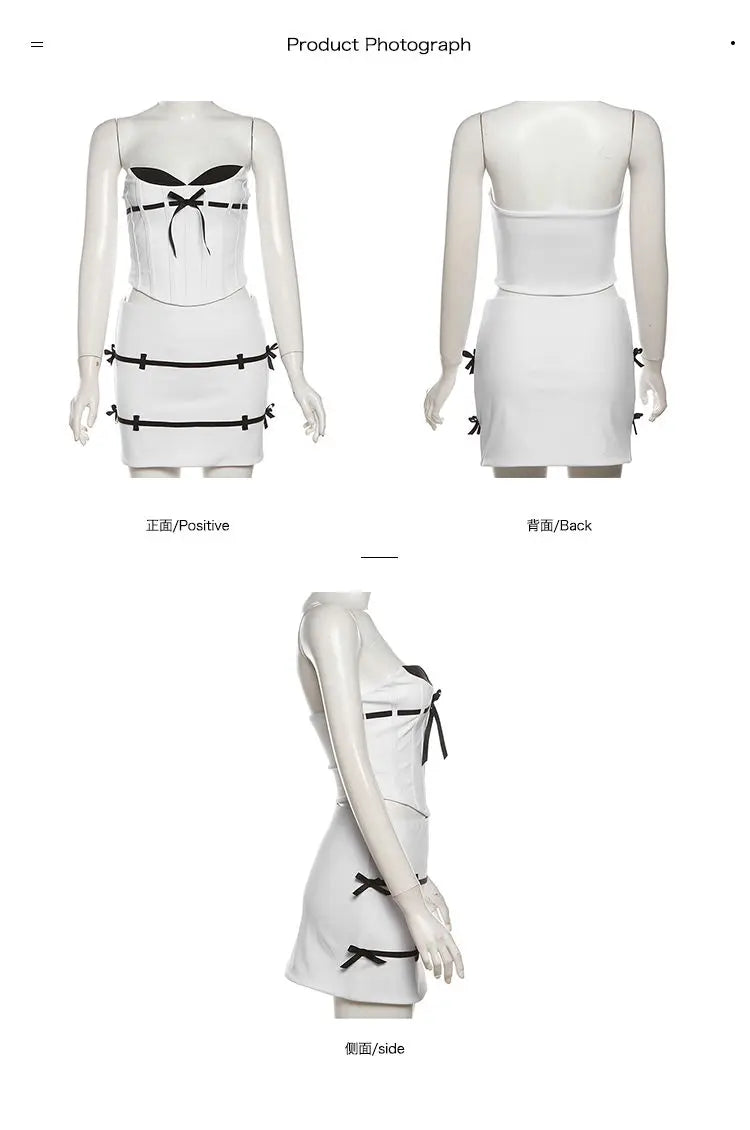Summer Sexy and Literary High-end Black and White Contrasting Bow Strapless Vest Women with Versatile Slim Hip Short Skirt Suit
