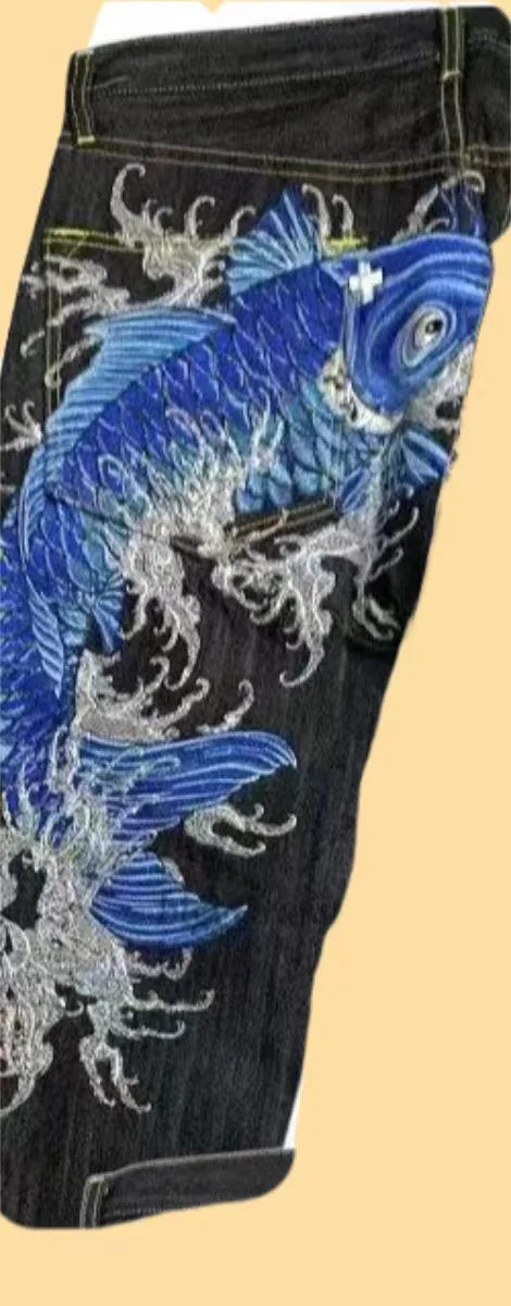 Japanese hip-hop Brocade carp printed jeans same style couple washed high waist retro casual loose ins straight wide leg pants