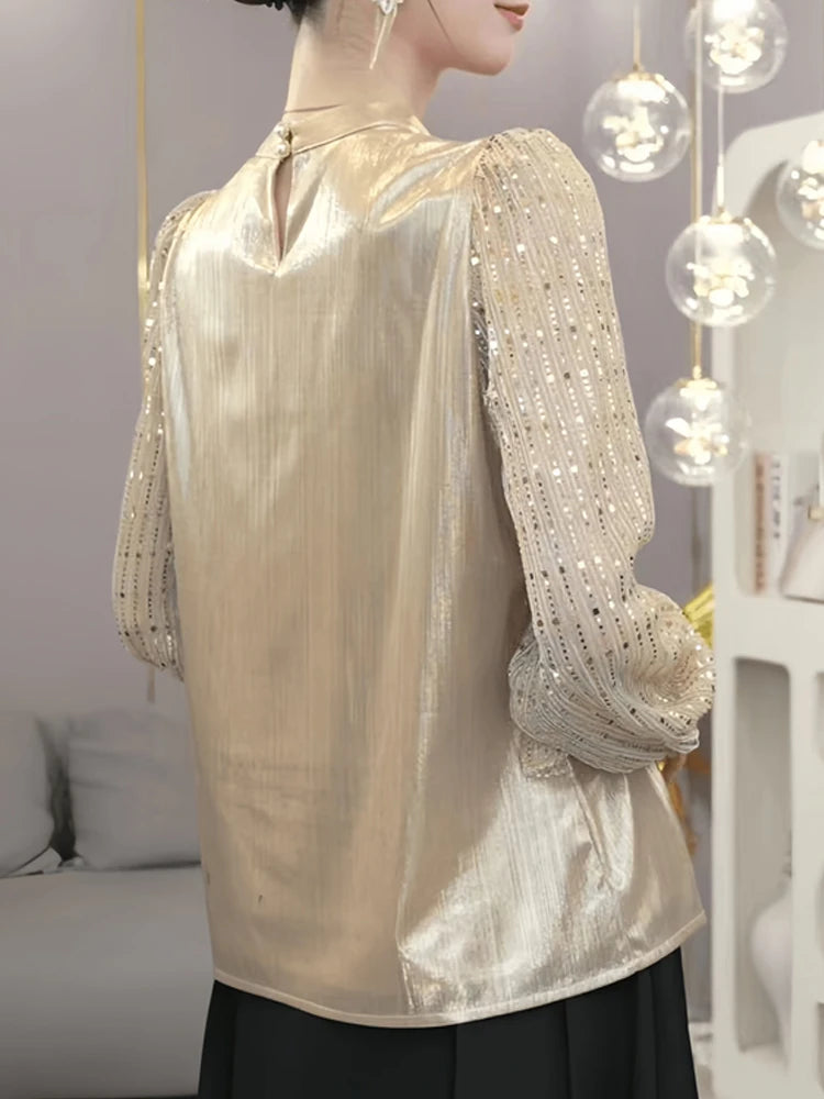 Long Sleeve Blouse 2025 New Summer Woman Clothing Sequins Blusas Para Mujer Top Casual Slim Blouses For Women