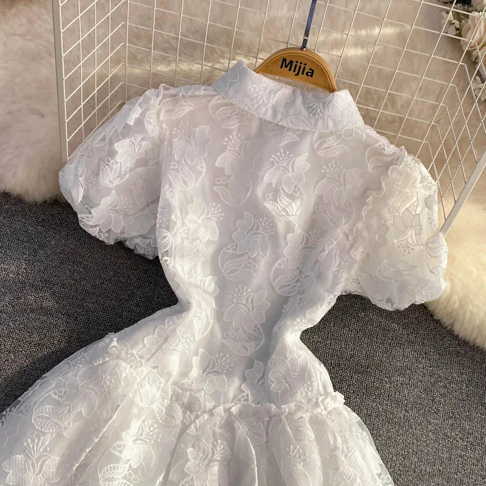 Vintage Elegant Lapel Single-Breasted White Embroidery Puff Sleeve A- Line Cake Dress Cross-Border Summer 2022