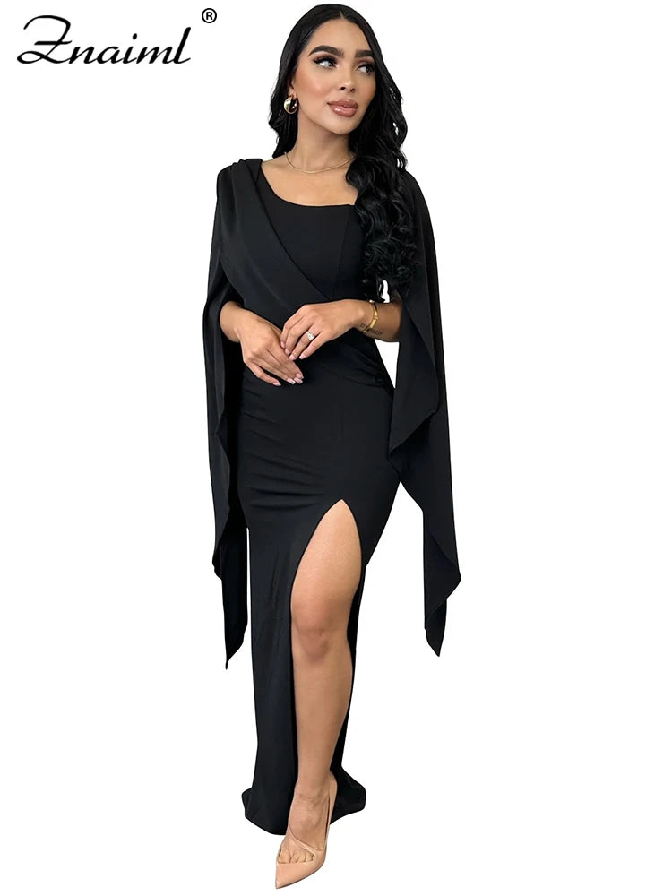 Znaiml Elegant Flare Sleeve Celebrity Nightclub Maxi Long Dresses for Women Sexy High Split Evening Party Prom Birthday Vestidos