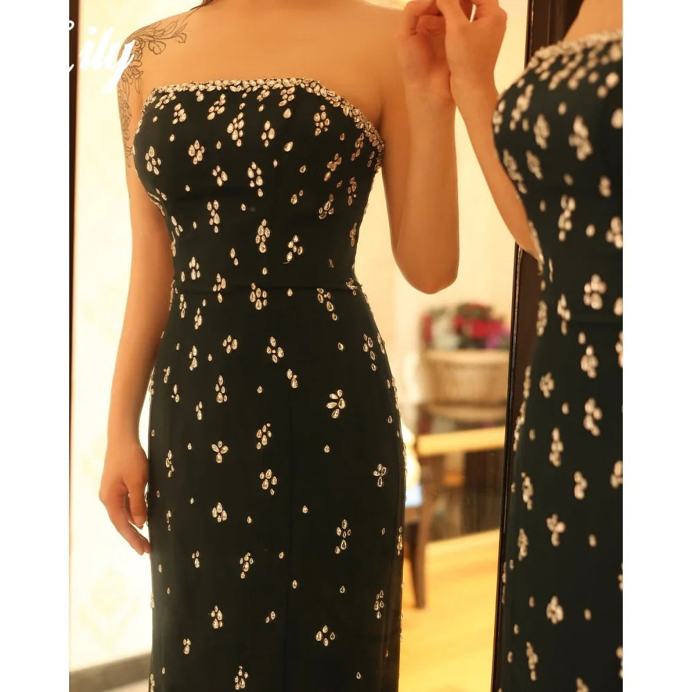 Lily Black Formal Gown Strapless Sleeveless Evening Gown with Pleats Satin and Glitter Crystals Trumpet Party Dress Customized