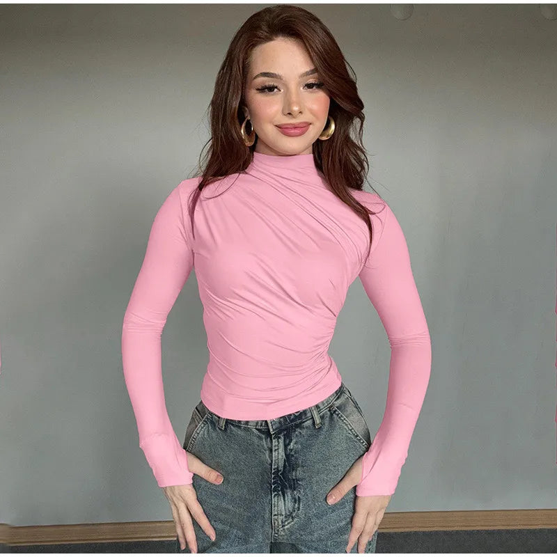 Women Tees Sexy Turtleneck Long Sleeve Pleated All-match Basic Lady T-shirts 2025 Spring Autumn Fashion Chic Female Streetwears