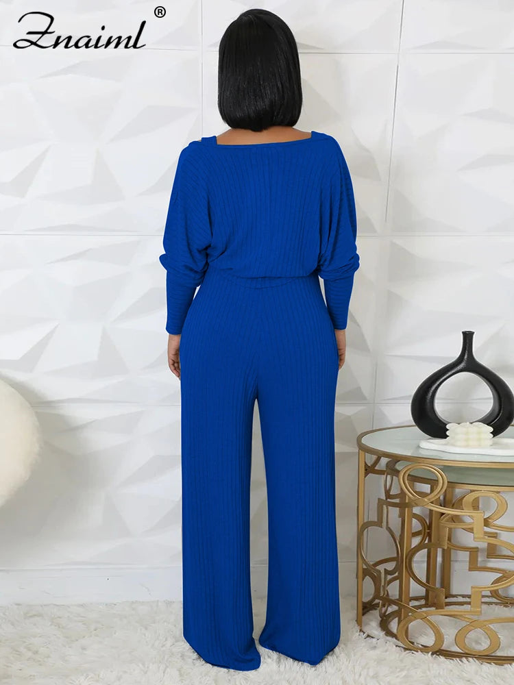 Znaiml Blue Knitted Ribber Wide Leg Pants Jumpsuits and Crop Coat Tops Two 2 Piece Women Sets Autumn Streetwear Birthday Outfits