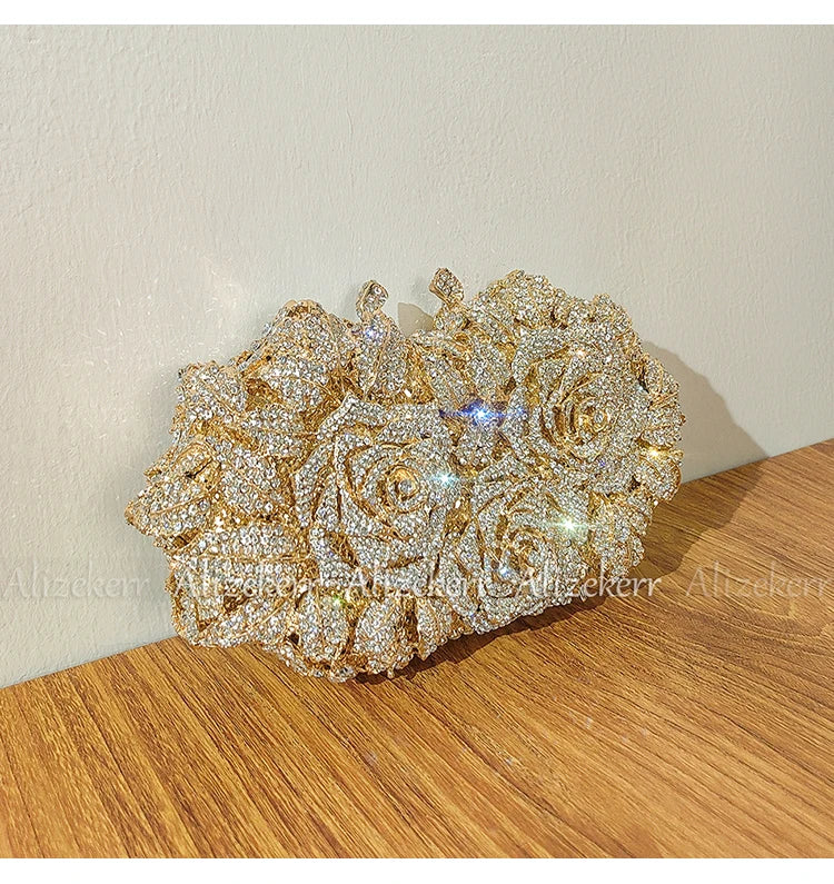 Alizekerr Rose Crystal Evening Clutch Bags Women New Luxury Boutique Sparkling Diamond Flower Purses And Handbags Wedding Party