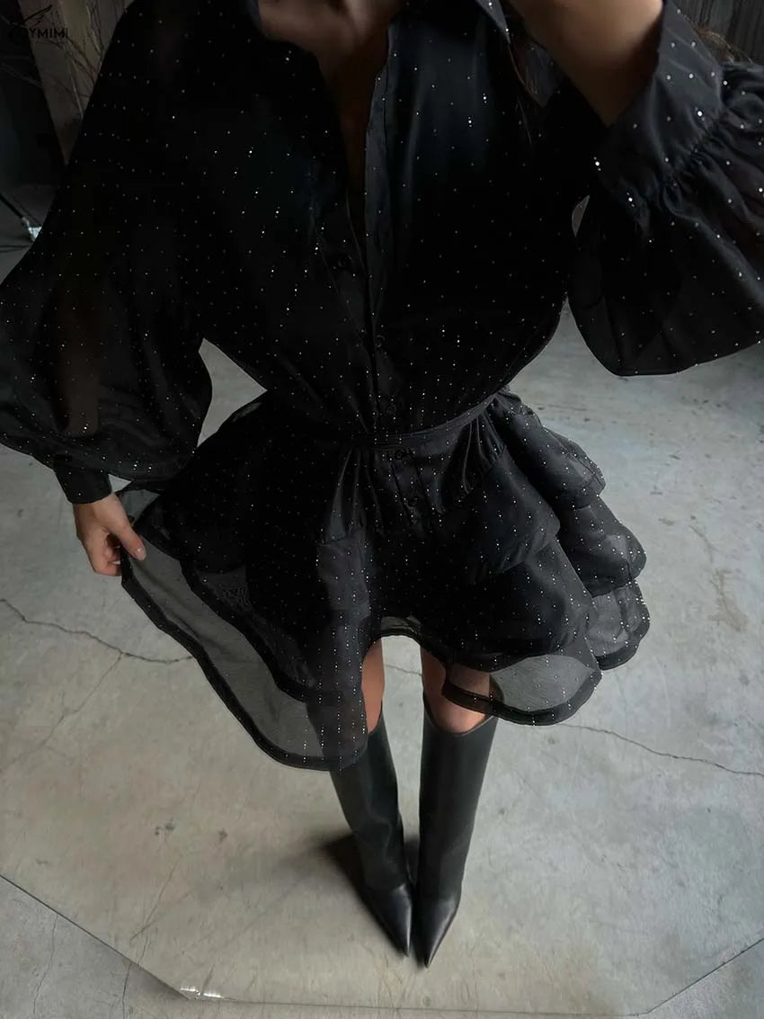 Oymimi Fashion Black Rhinestone Women's Dress Casual Lapel Long Sleeve Button Dresses Elegant New Lace-Up Pleated Mini Dresses