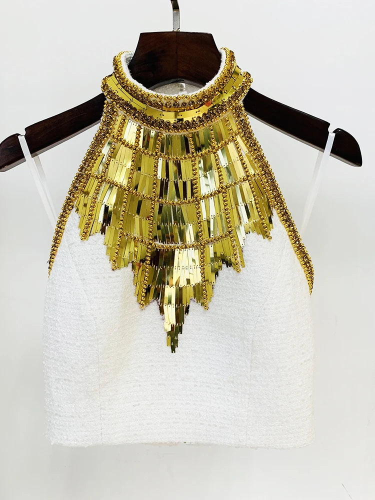 HIGH STREET Newest Fashion 2024 Designer Tops Women's Stunning Metallic Diamonds Beaded Halter Neck Tweed Camis Tank Tops
