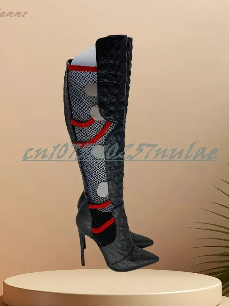 Hollow Net Design Mutilcolor Mid Calf Boots Side Zipper Stiletto High Heel Party Fashion Women Shoes 2025 Summer New Para Mujere
