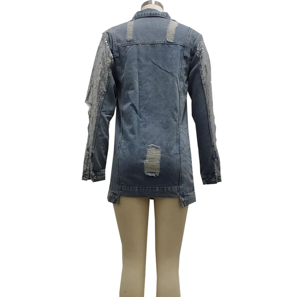 Jackets Women Denim Coat Hole Sequins Patchwork Single Breasted Turn Down Collar Y2k Vintage Streetwear 2025 Autumn Outerwear