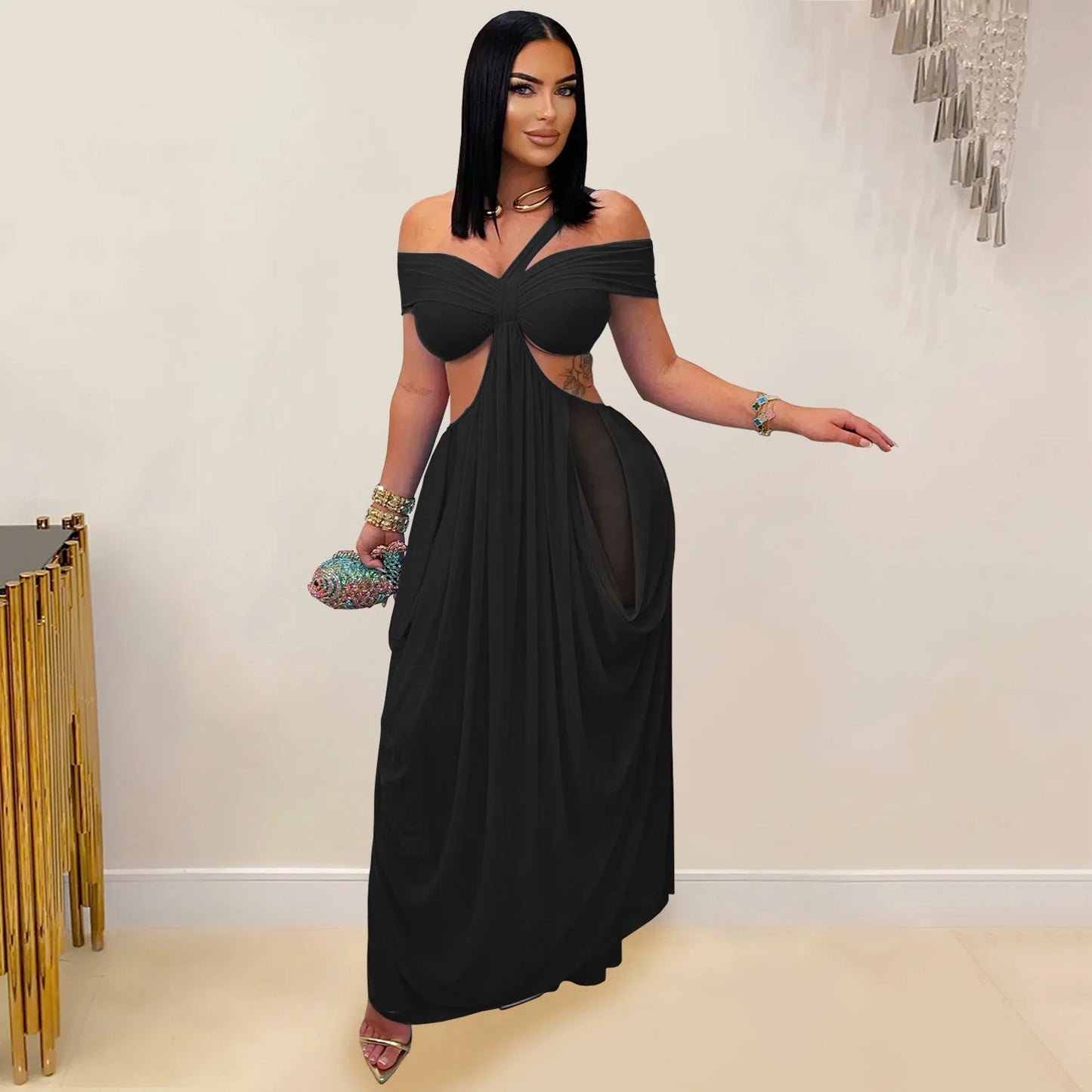 Joskaa 2025 Women's Elegant One Shoulder Strapless Mesh Irregular Maxi Dress Sexy Hollow Backless Skinny Evening Gown Clubwear