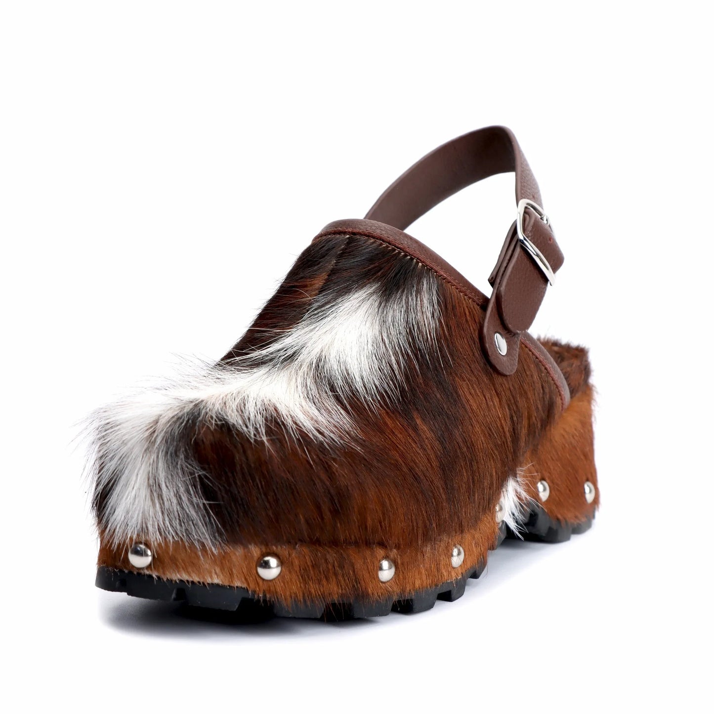 Women's Platform Fur Clogs with Arch Support, Adjustable Strap, Natural Calf Hair Mules,Studded Cowboy Style Vintage Sandals