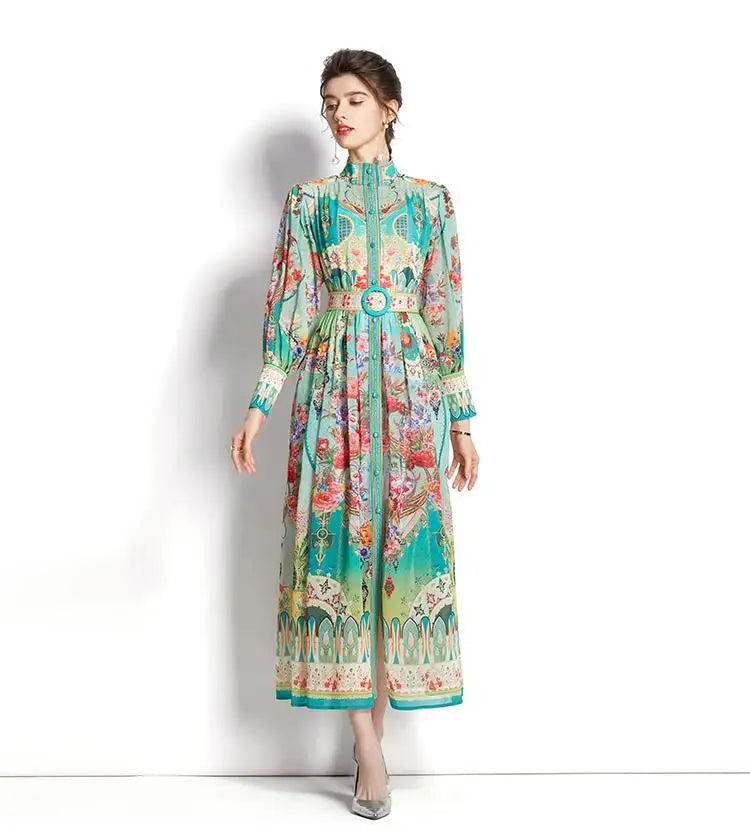 Women's Turtleneck Lantern Sleeve Single Breasted Flower Print Maxi Dress Autumn Bohemian Chiffon Green Belt Holiday Vestidos