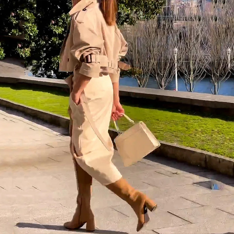 Two Piece Set Women Dress Sets Belt Midi Skirts Cardigan Coats Suits A Line Loose Fit Casual Frock Skirt Office Lady Spring