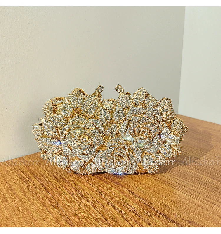 Alizekerr Rose Crystal Evening Clutch Bags Women New Luxury Boutique Sparkling Diamond Flower Purses And Handbags Wedding Party