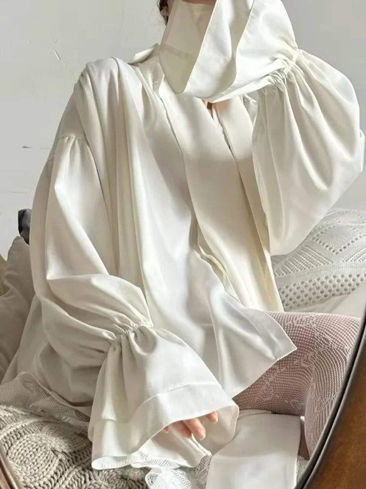 Womens Elegant Blouses & Shirts 2025 Spring Summer Solid Layered Flared Long Sleeves Female Chic Tied Tops Blouse