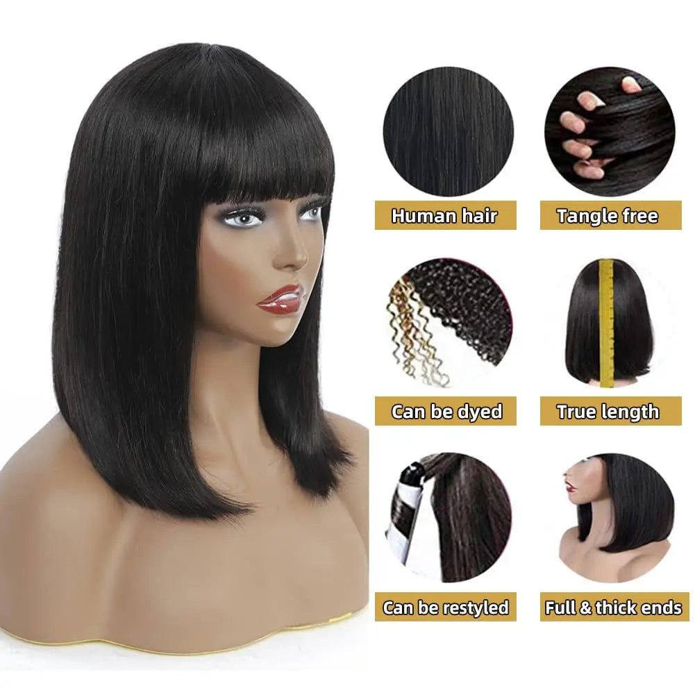 Human Hair Short Bob Wigs With Bangs Straight Hair Fringe Bob Wig for Women #4 Chocolate Brown #99j Dark Red Full Machine Wigs