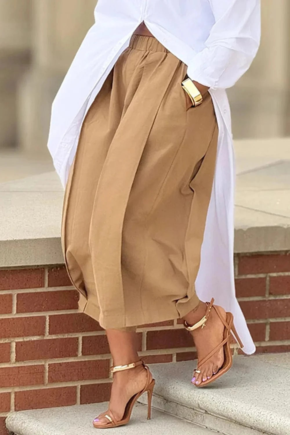 Women's Khaki Capri Trousers Pockets pleated Wide Leg Casual Vintage Loose Harajuku High Waist Leisure Calf-length Pants
