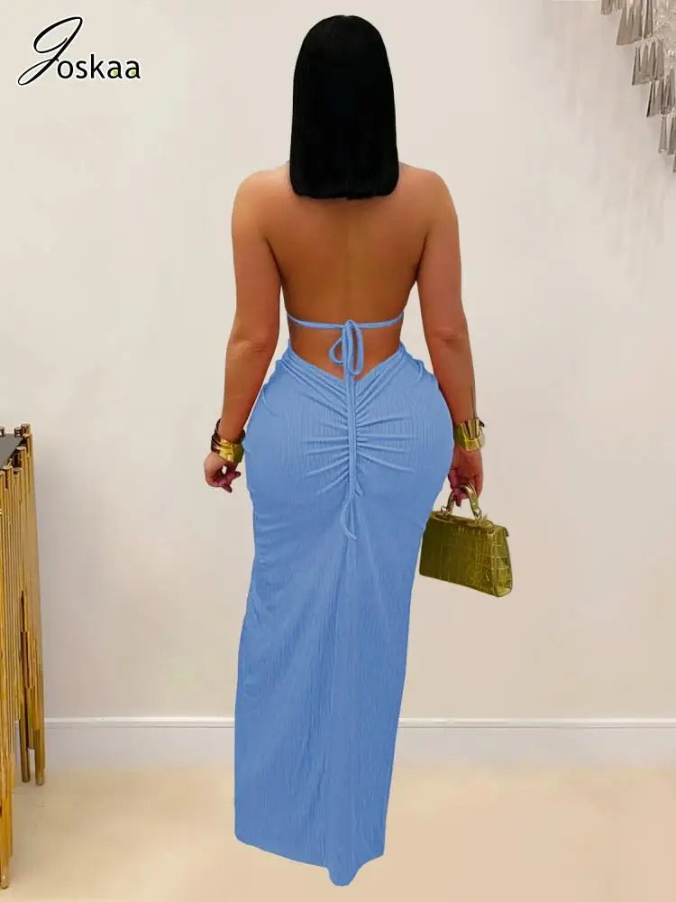 Joskaa Women's 2025 Summer Knit Halter Dress Sexy Hollow Backless Slit Bodycon Maxi Dresses Holiday Party Club Beachwear S-XXL