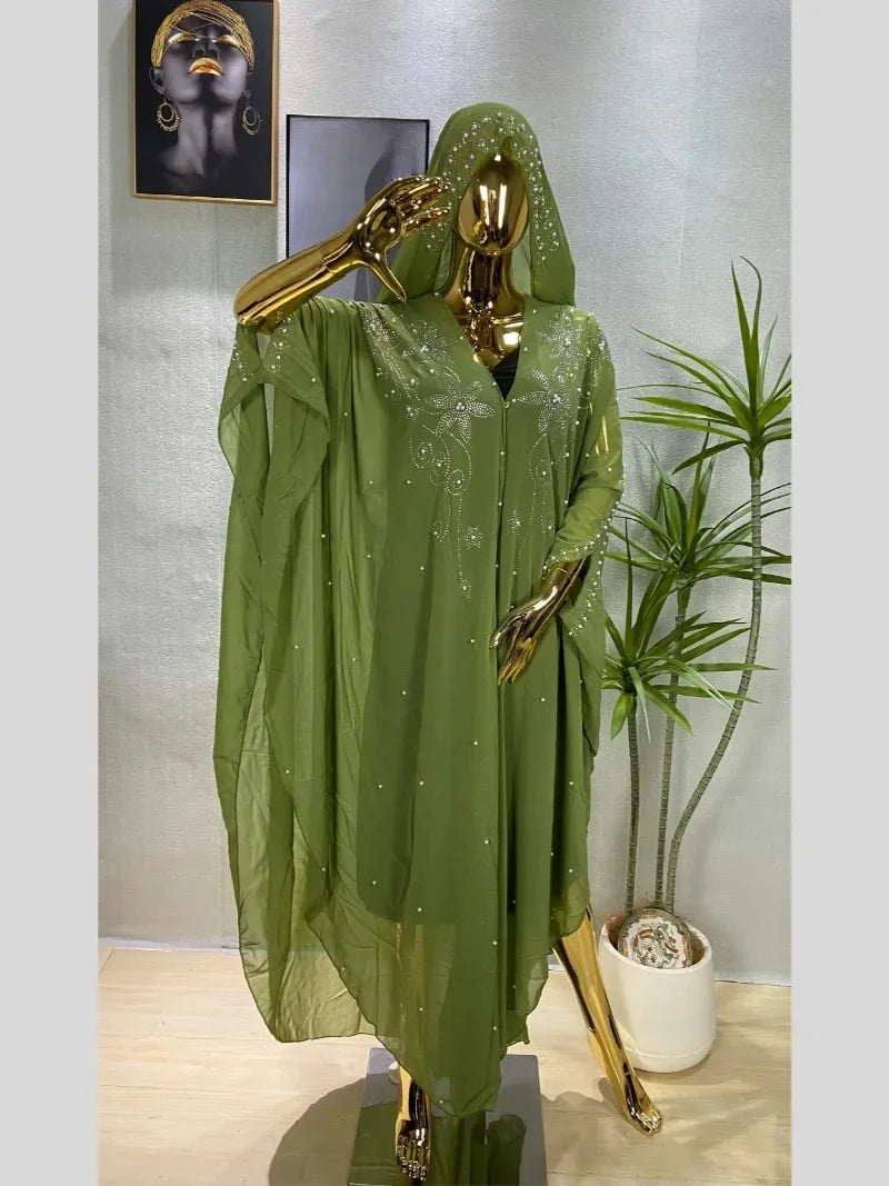 Middle East Africa Hot Muslim Long Robe Vintage Diamond Bead Shoulder Cover Hooded Cloak Dress Bat Sleeve Women's Dress New
