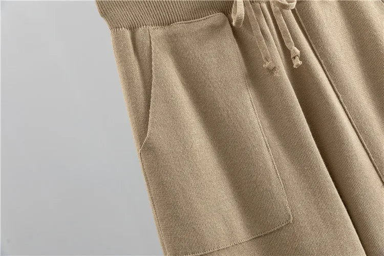2 Piece Sets Women Knitting Outfits V Neck Pullover Sweater Pockets Drawstring Pencil Pants Slim Fit Suit Casual Knit Ensemble