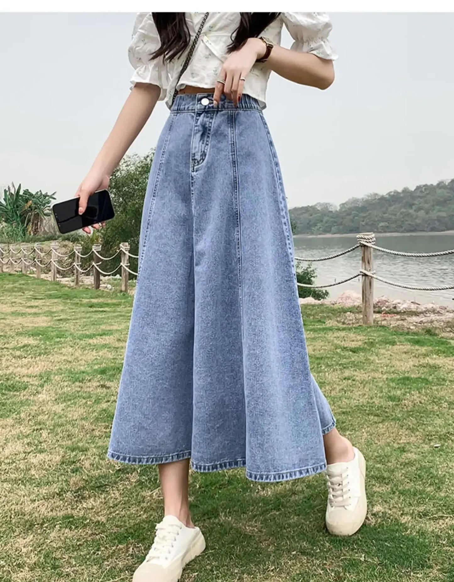 Fashionable Spring Medium-Length High-Waisted Jeans Long Dress Women's Elastic Waist A- Line Skirt Umbrella Skirt
