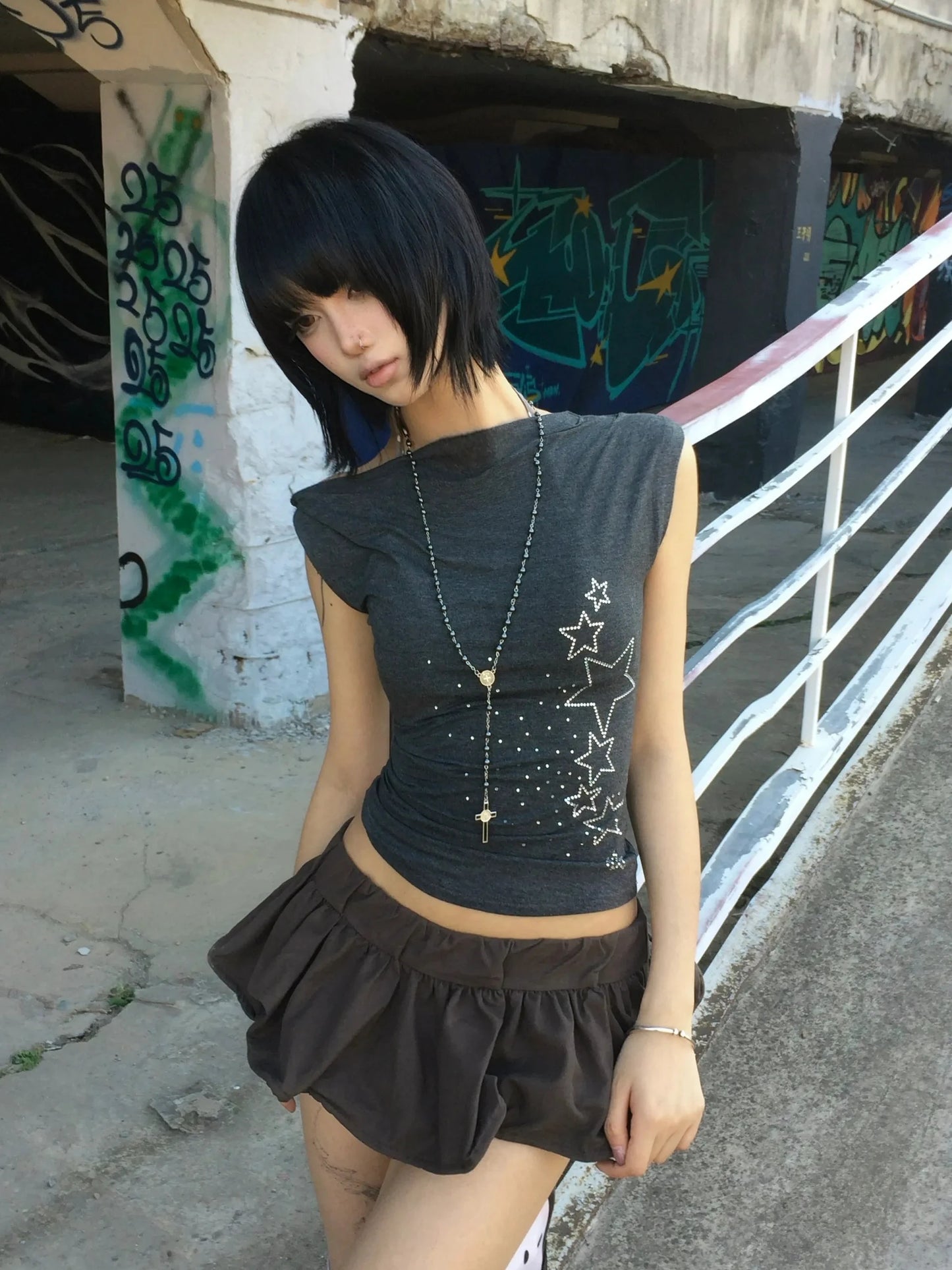 Karrram Japanese Y2k Off Shoulder T-shirt Trashy 2000s Style Rhinestones Sleeveless Top Vintage Harajuku Crop Top American Retro