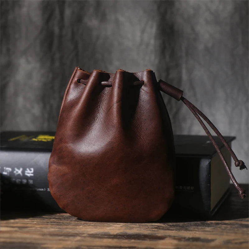 LUOKIR Men's Genuine Leather Coin Purse Simple Vintage Small Card Bag Women's Cowhide Wallet Keys Money Drawstring Storage Bags