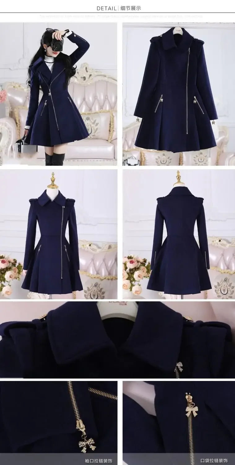 2025 Autumn Winter Clothing Deep Blue Zippered Long Sleeved Woolen Coat Jacket Women, Medium Length Slim Fit Thickened